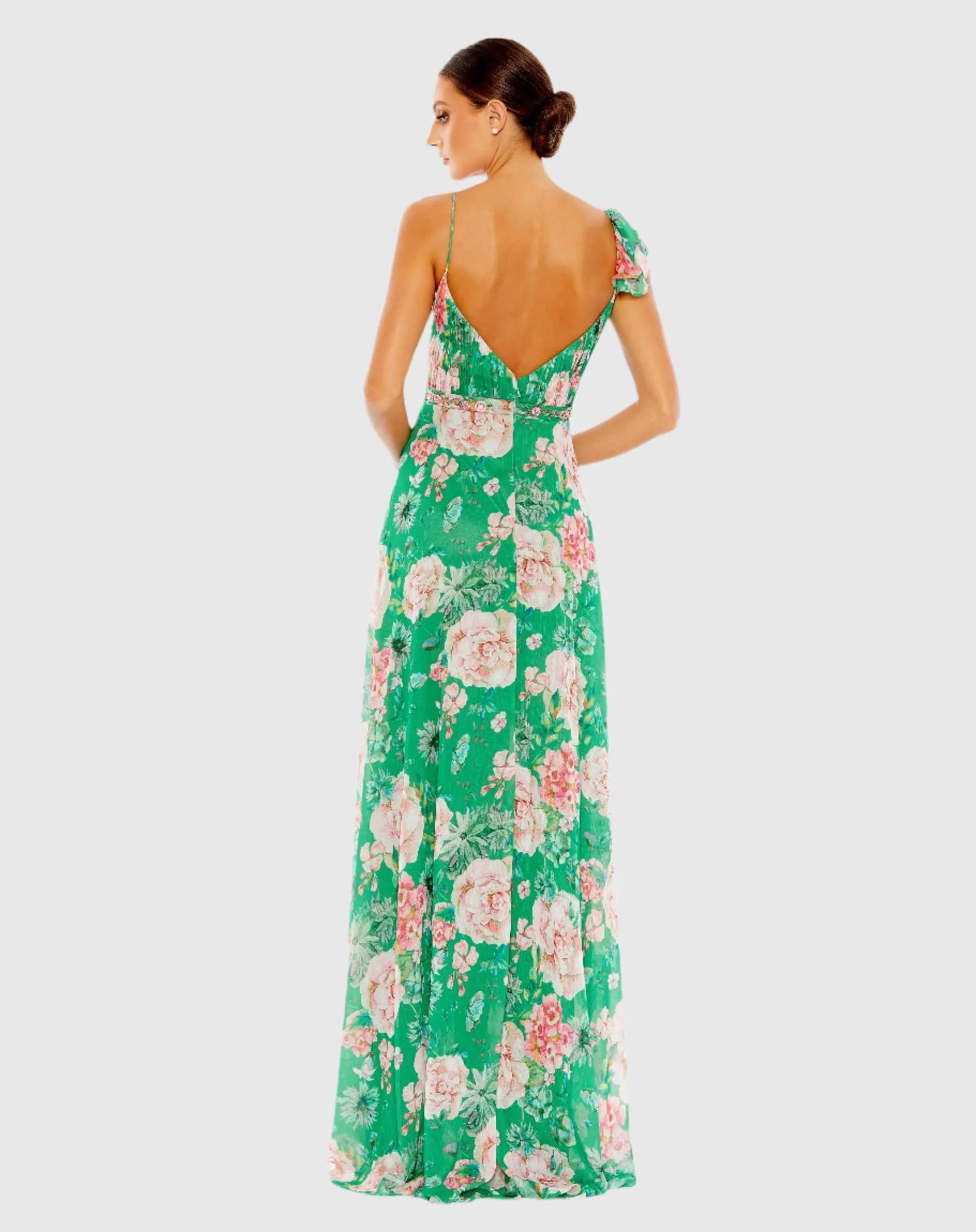 Green Floral Print Ruffled Wrap Over A Line Gown - FINAL SALE