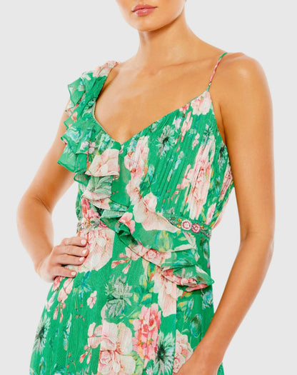Green Floral Print Ruffled Wrap Over A Line Gown - FINAL SALE