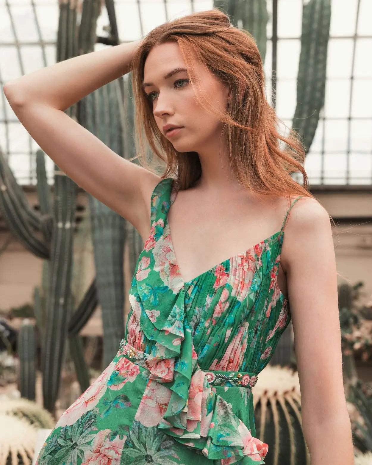 Green Floral Print Ruffled Wrap Over A Line Gown - FINAL SALE