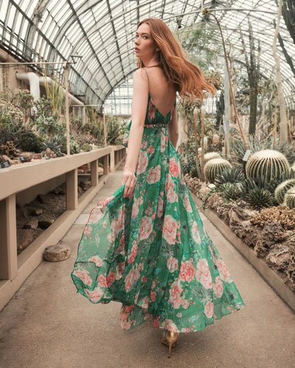 Green Floral Print Ruffled Wrap Over A Line Gown - FINAL SALE