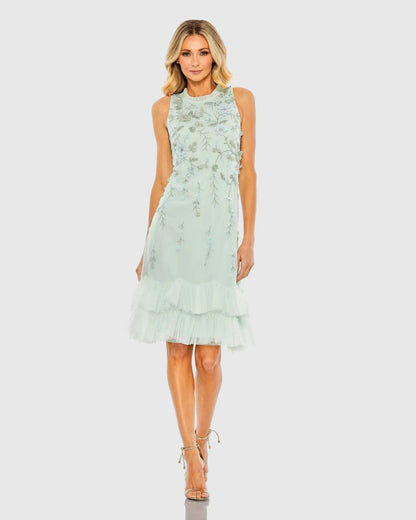 Embellished Ruffle Tiered High Neck Floral Dress