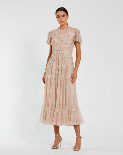 Embellished High Neck Cap Sleeve A Line Dress