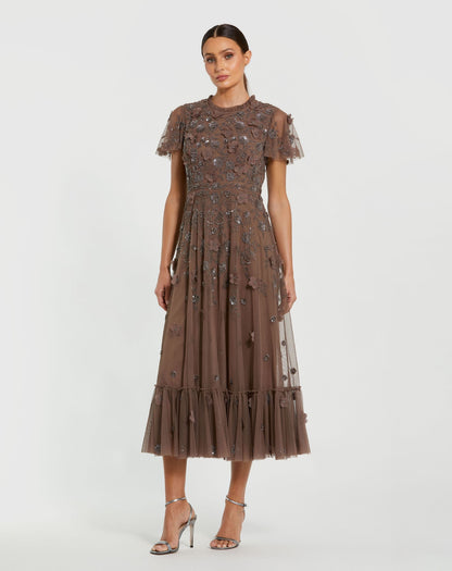 Embellished High Neck Cap Sleeve A Line Dress