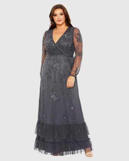 Gray Long Sleeve Embellished V-Neck Gown (Plus)