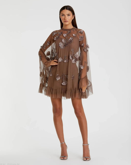 Brown Embellished Long Sleeve Trapeze Dress with Ruffle Hem