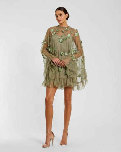 Green Embellished Long Sleeve Trapeze Dress with Ruffle Hem