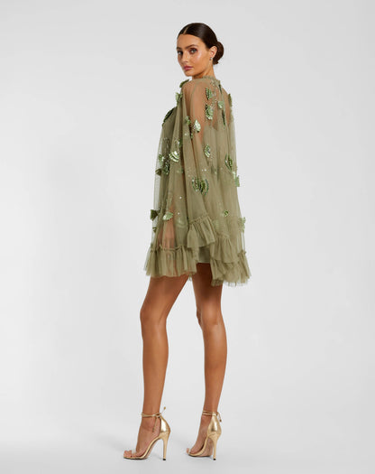 Green Embellished Long Sleeve Trapeze Dress with Ruffle Hem