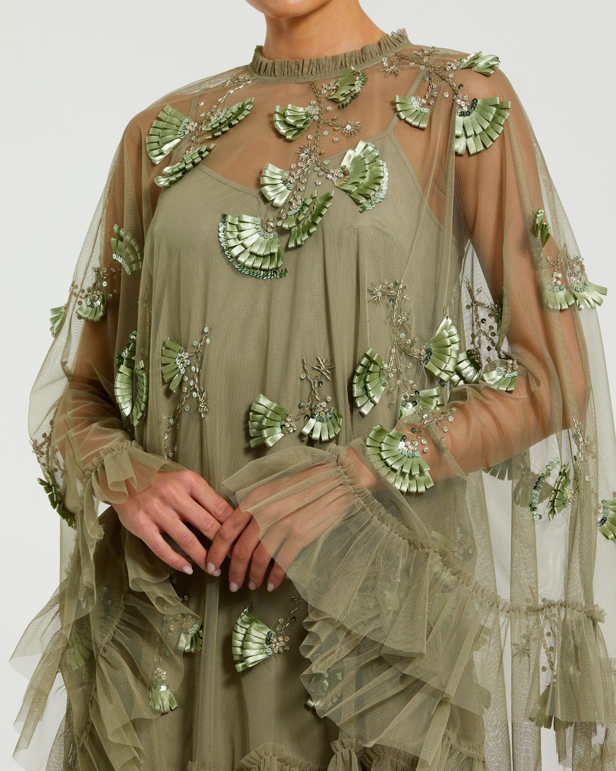Green Embellished Long Sleeve Trapeze Dress with Ruffle Hem