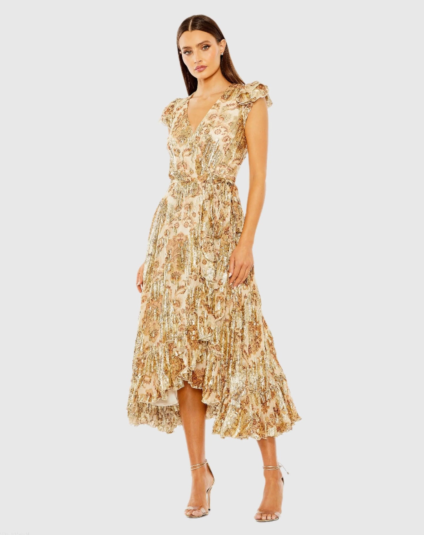 Beige Flutter Sleeve Floral Dress with Wrap Detail