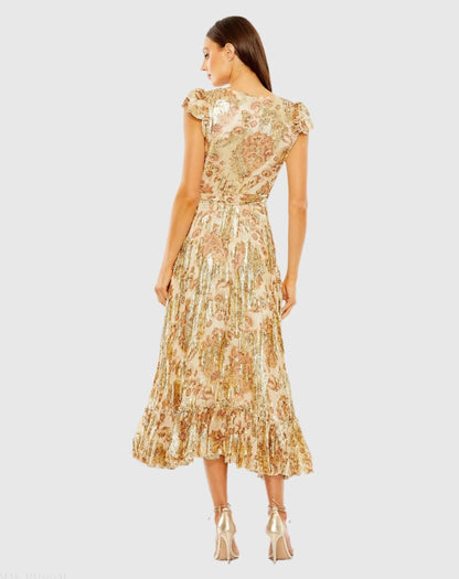 Beige Flutter Sleeve Floral Dress with Wrap Detail