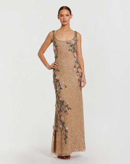 Floral Beaded Mesh Scoop Neck Sleeveless Gown