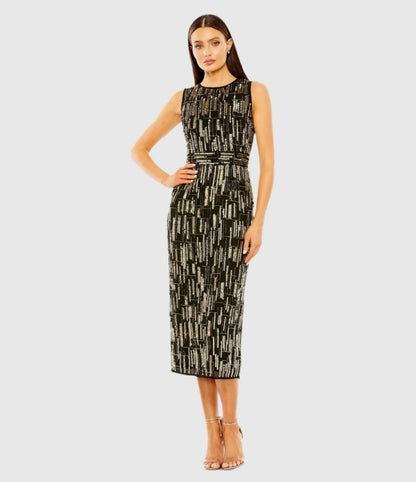 Black and Gold Abstract Beaded Sleeveless Midi Dress
