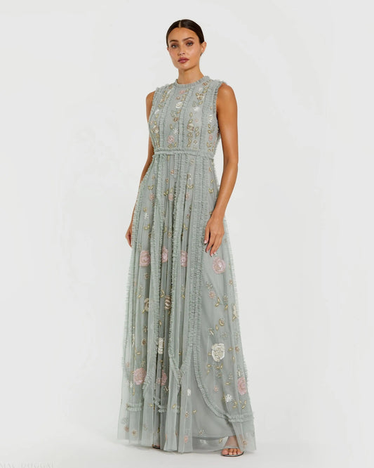 Green Floral Mesh Sleeveless A Line Micro Ruffle Gown