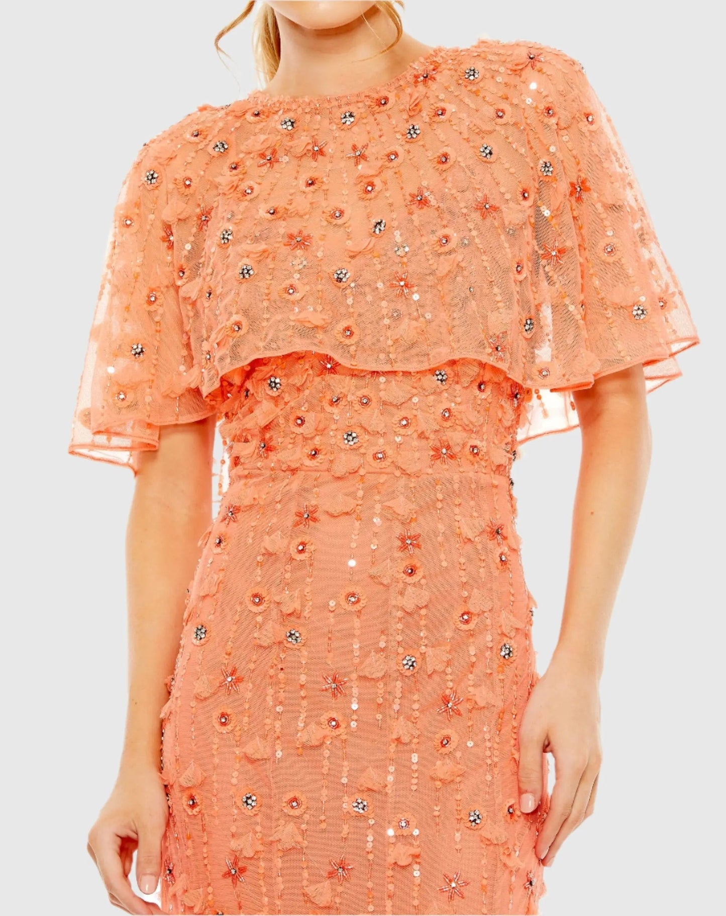 Orange Embellished Illusion Cape Sleeve Trumpet Gown
