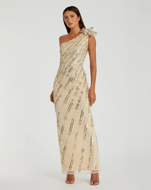 Gold Embellished Floral Detail One Shoulder Gown