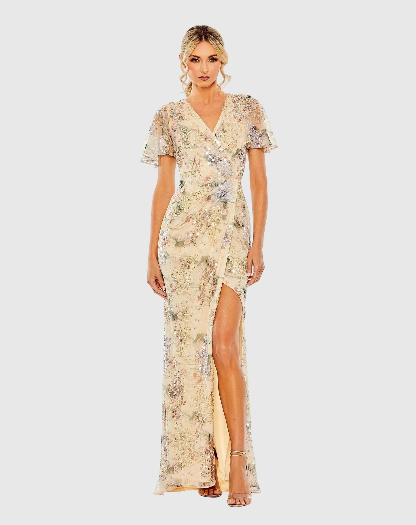 Flutter Sleeve Embellished Evening Gown