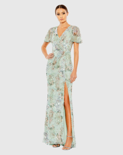 Flutter Sleeve Embellished Evening Gown