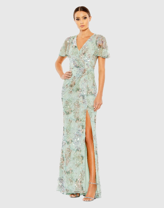 Flutter Sleeve Embellished Evening Gown