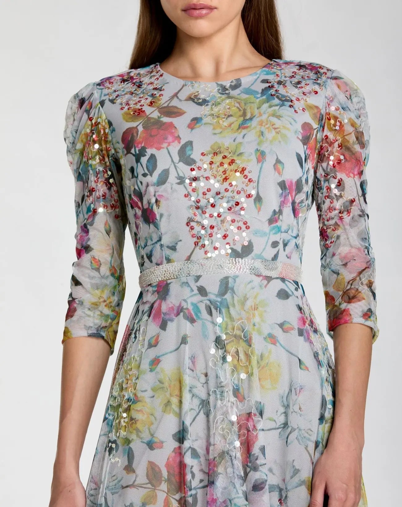 Blue Multicolor Floral Midi Dress With 3/4 Sleeves