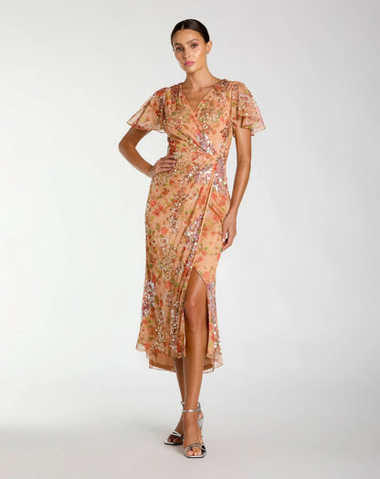 Orange Embellished Floral Flutter Sleeve Midi Dress