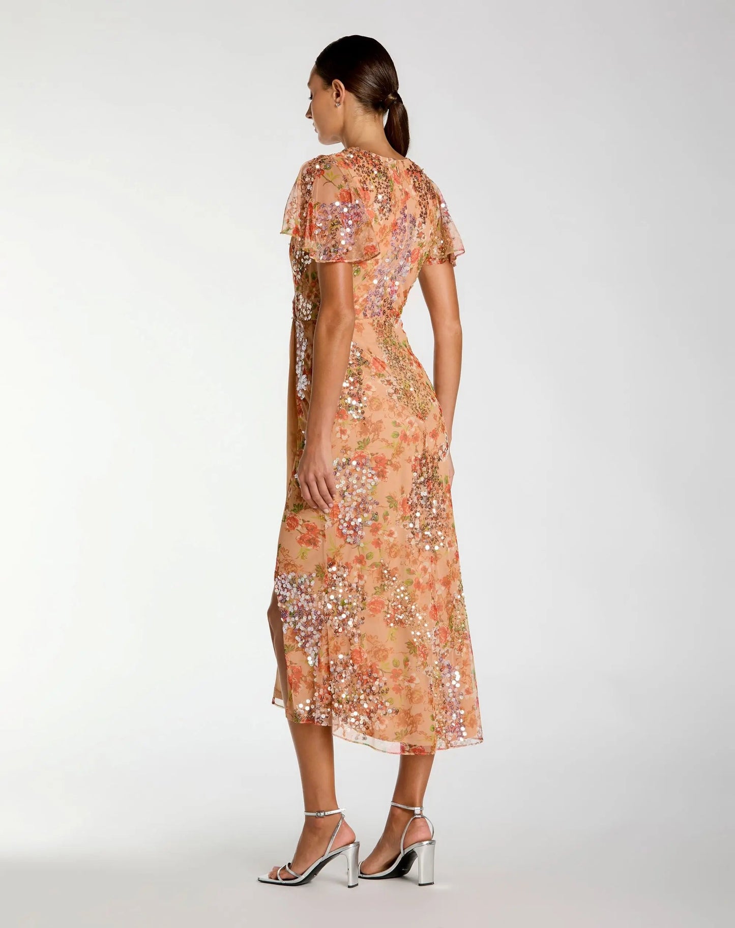 Orange Embellished Floral Flutter Sleeve Midi Dress