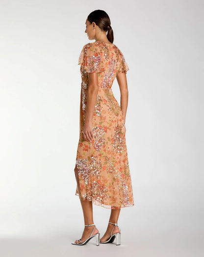 Orange Embellished Floral Flutter Sleeve Midi Dress