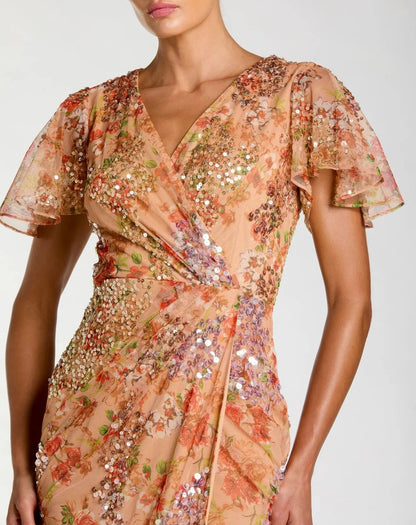 Orange Embellished Floral Flutter Sleeve Midi Dress