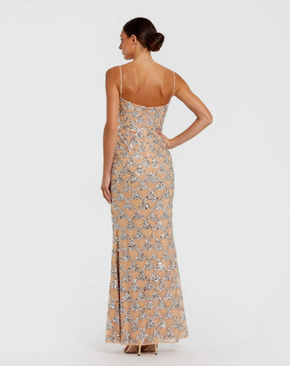 Nude Sleeveless Rhinestone Embellished Gown