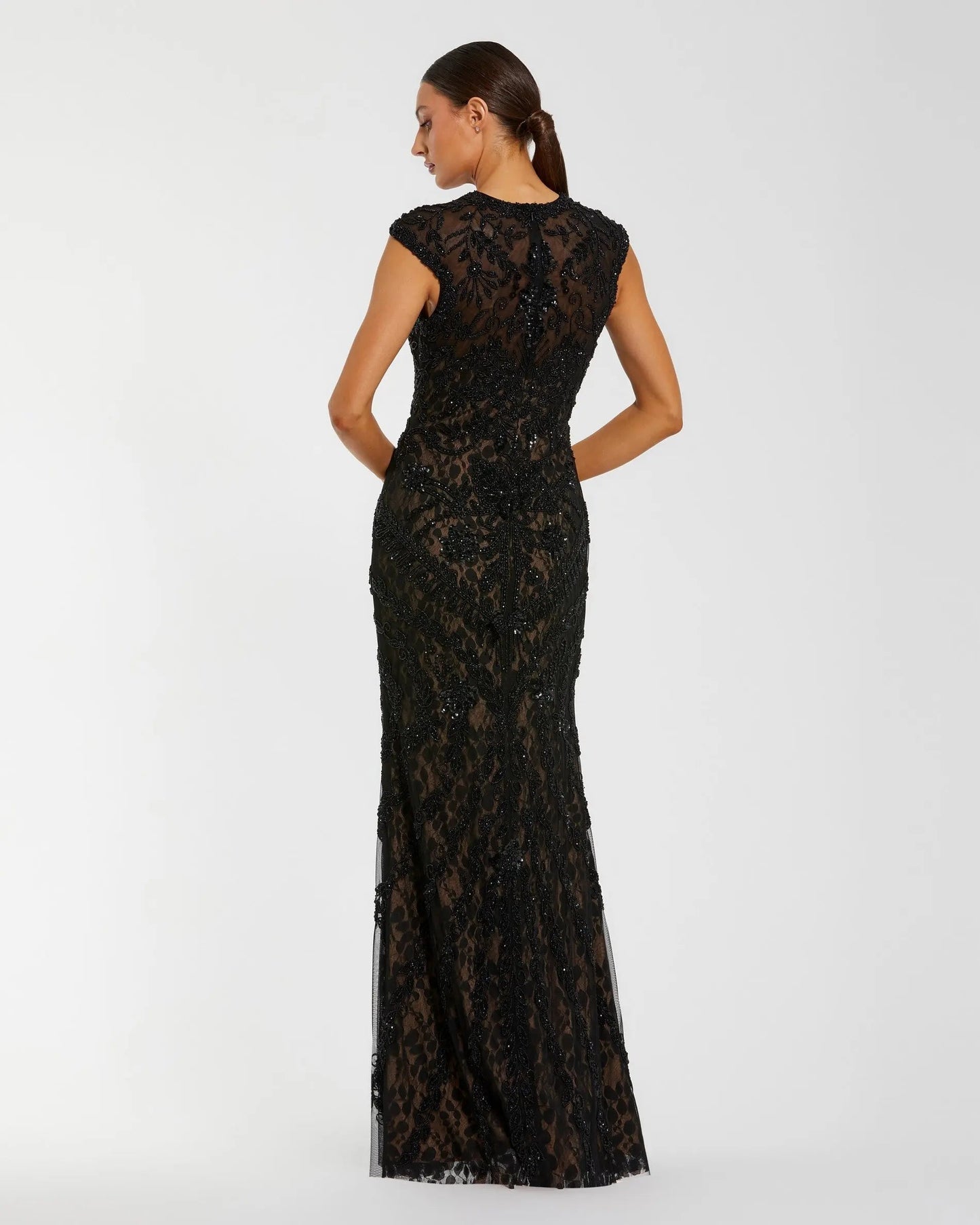 Embellished Lace Cap Sleeve Evening Gown