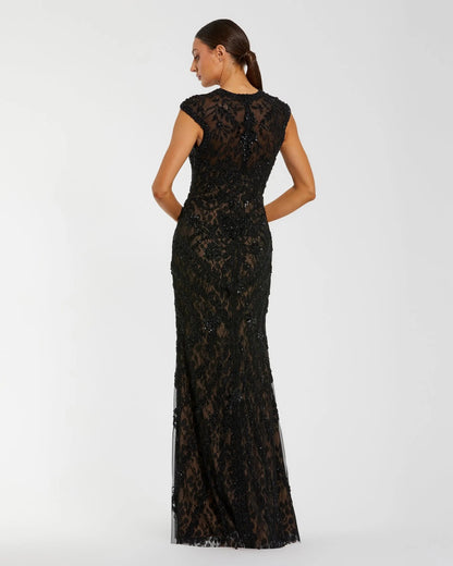 Embellished Lace Cap Sleeve Evening Gown