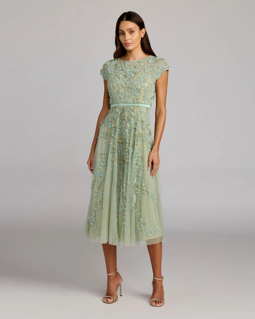 Green Floral Embellished Cap Sleeve Midi Dress