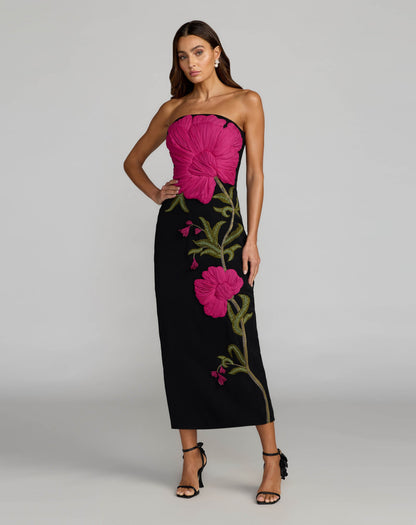 Black Strapless Floral Embroidered Midi Dress