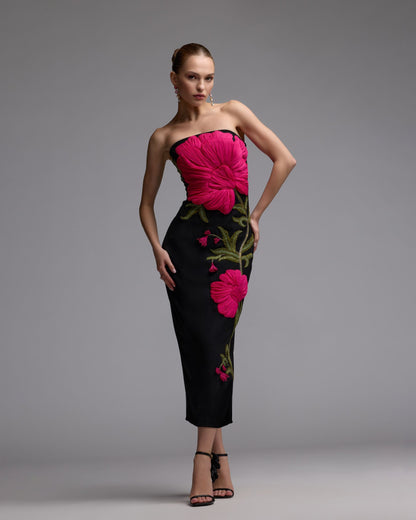 Black Strapless Floral Embroidered Midi Dress