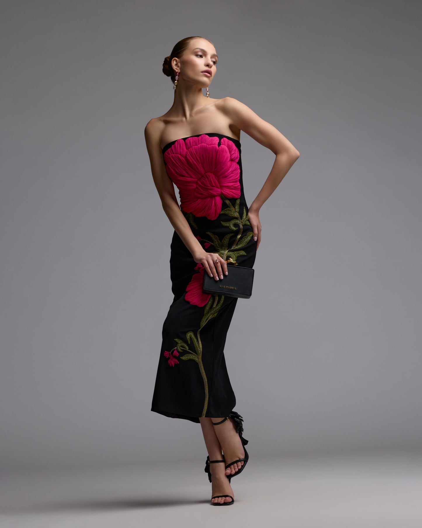 Black Strapless Floral Embroidered Midi Dress