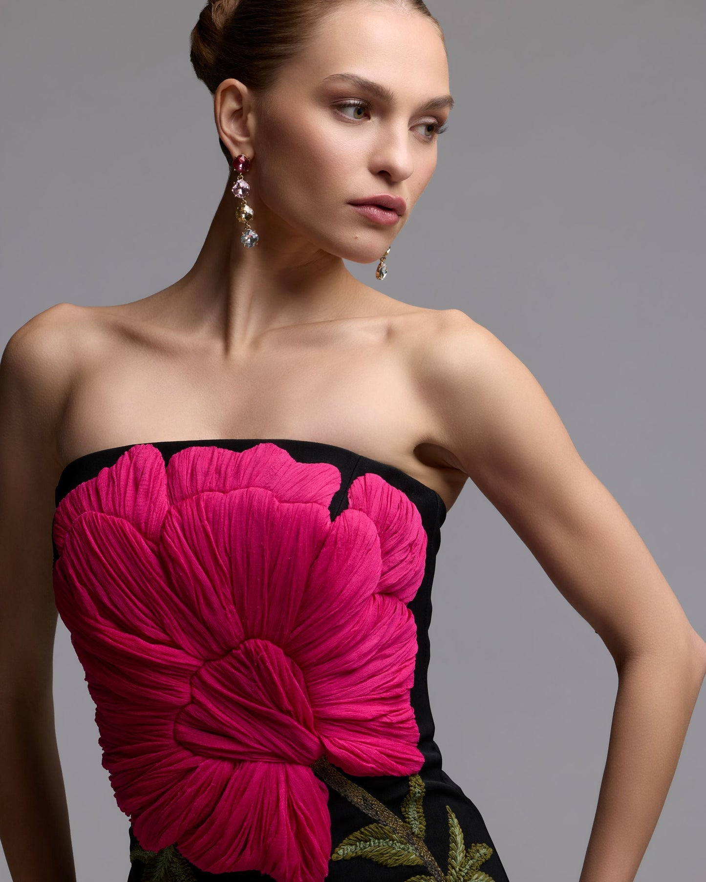 Black Strapless Floral Embroidered Midi Dress
