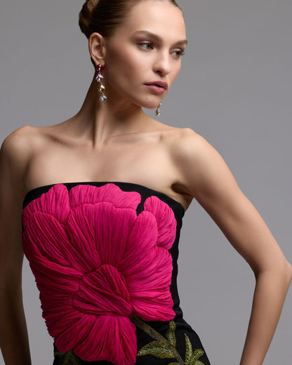 Black Strapless Floral Embroidered Midi Dress