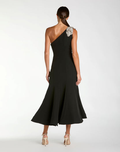Petite Black Crepe One Shoulder Mermaid Midi Dress With Flower
