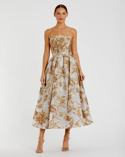 Petite Gold Strapless Brocade Midi Dress with Pockets