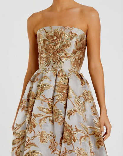 Petite Gold Strapless Brocade Midi Dress with Pockets