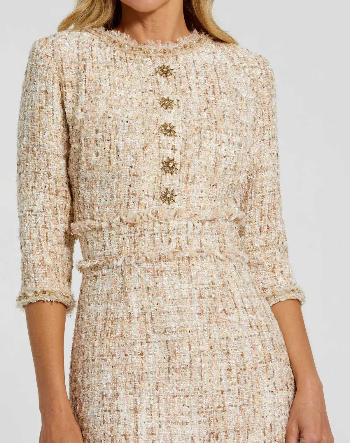 Beaded Trim Boucle Midi Dress with 3/4 Sleeves