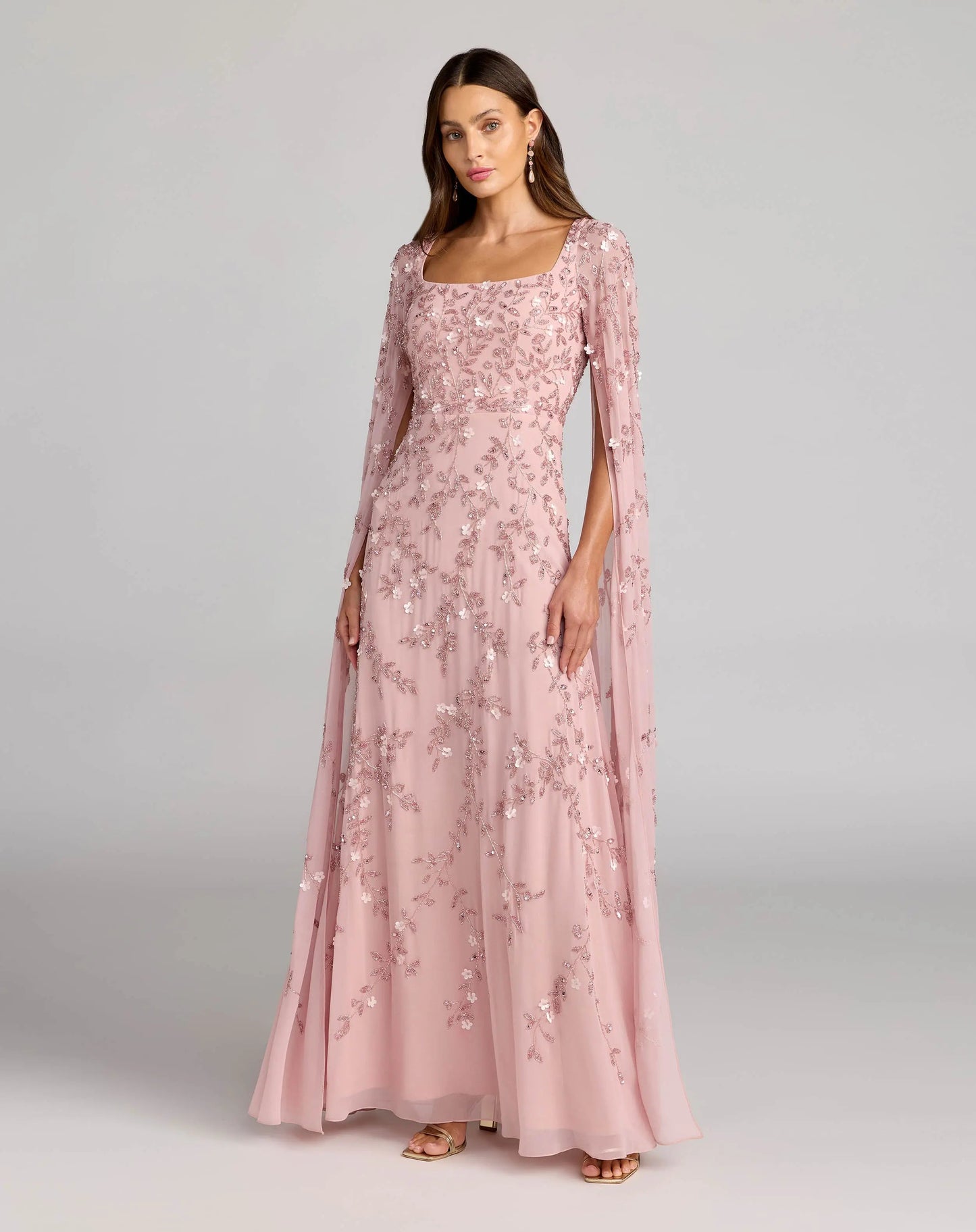 Floral Embellished Cape Sleeve Gown