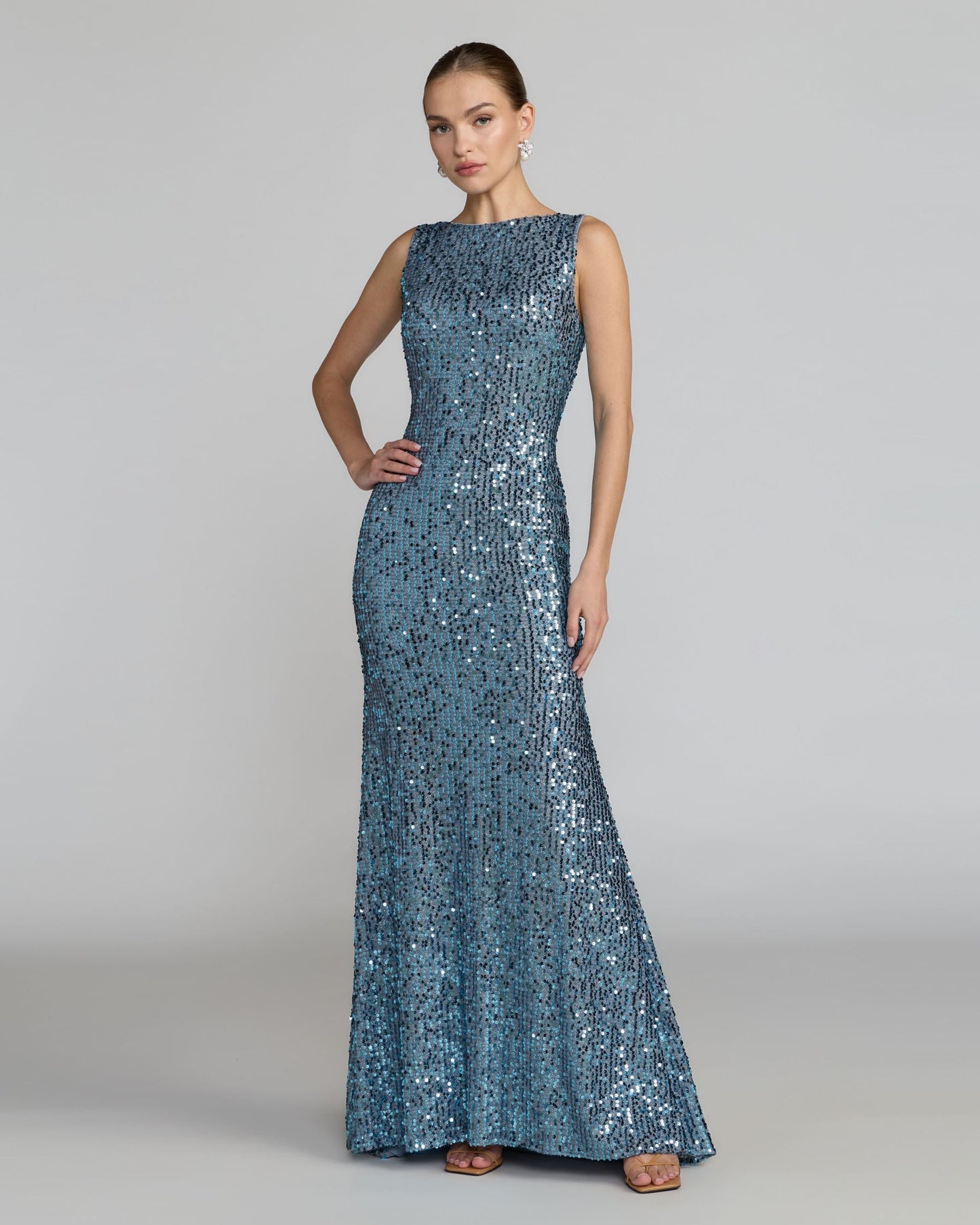 Petite Blue Cowl Back Boat Neck Sequined Evening Gown