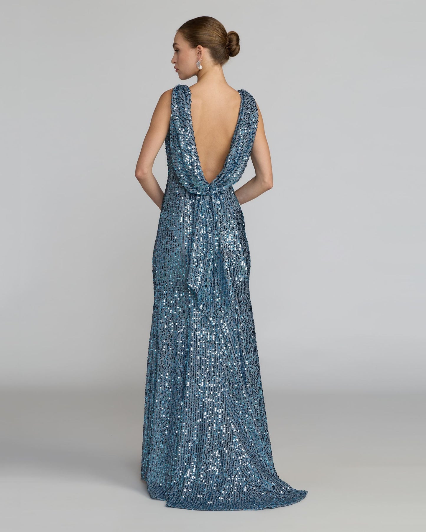 Petite Blue Cowl Back Boat Neck Sequined Evening Gown