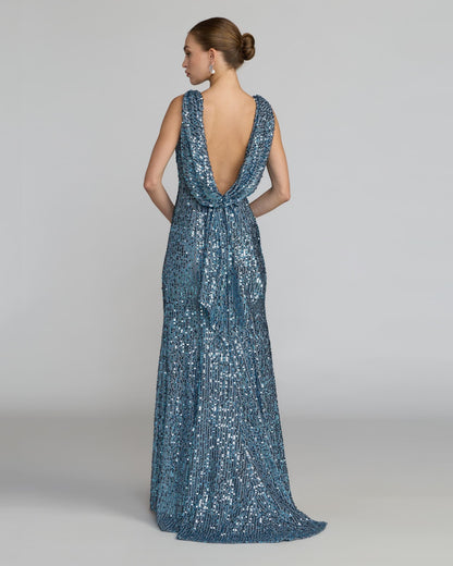 Petite Blue Cowl Back Boat Neck Sequined Evening Gown