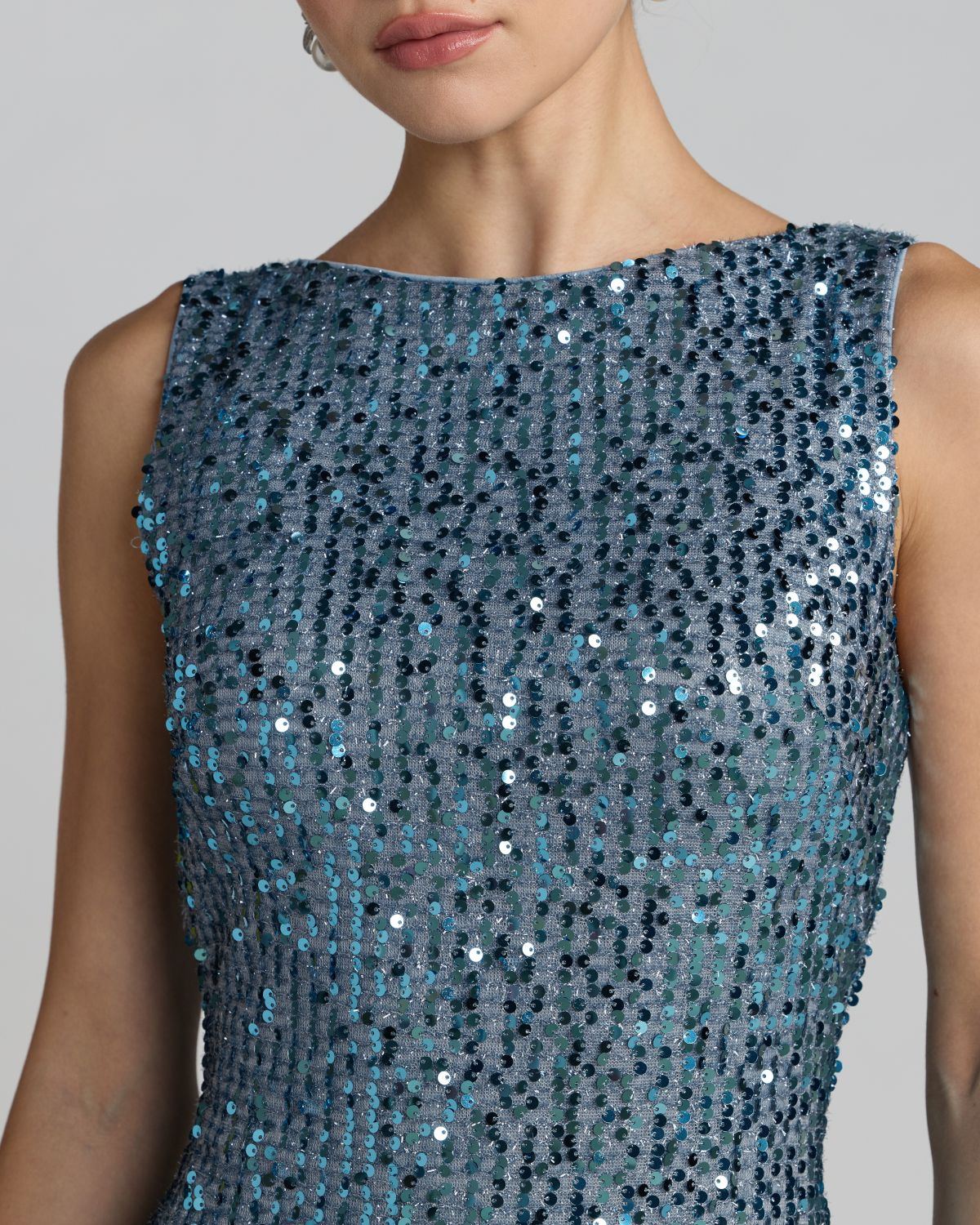 Petite Blue Cowl Back Boat Neck Sequined Evening Gown