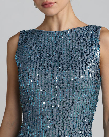 Petite Blue Cowl Back Boat Neck Sequined Evening Gown