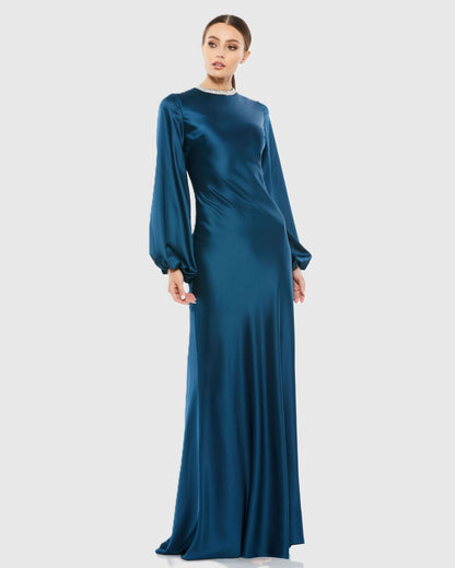 Petite Blue Beaded High Neck Bishop Sleeve Satin Gown