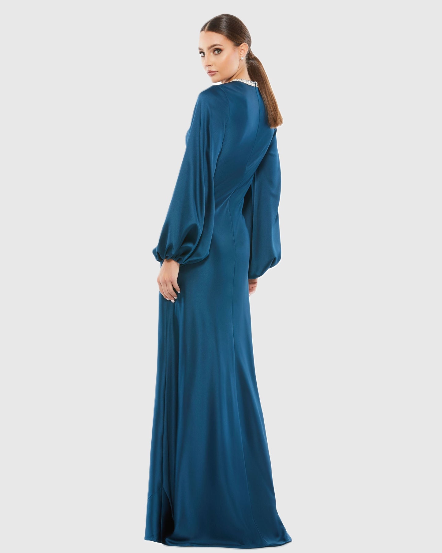 Petite Blue Beaded High Neck Bishop Sleeve Satin Gown