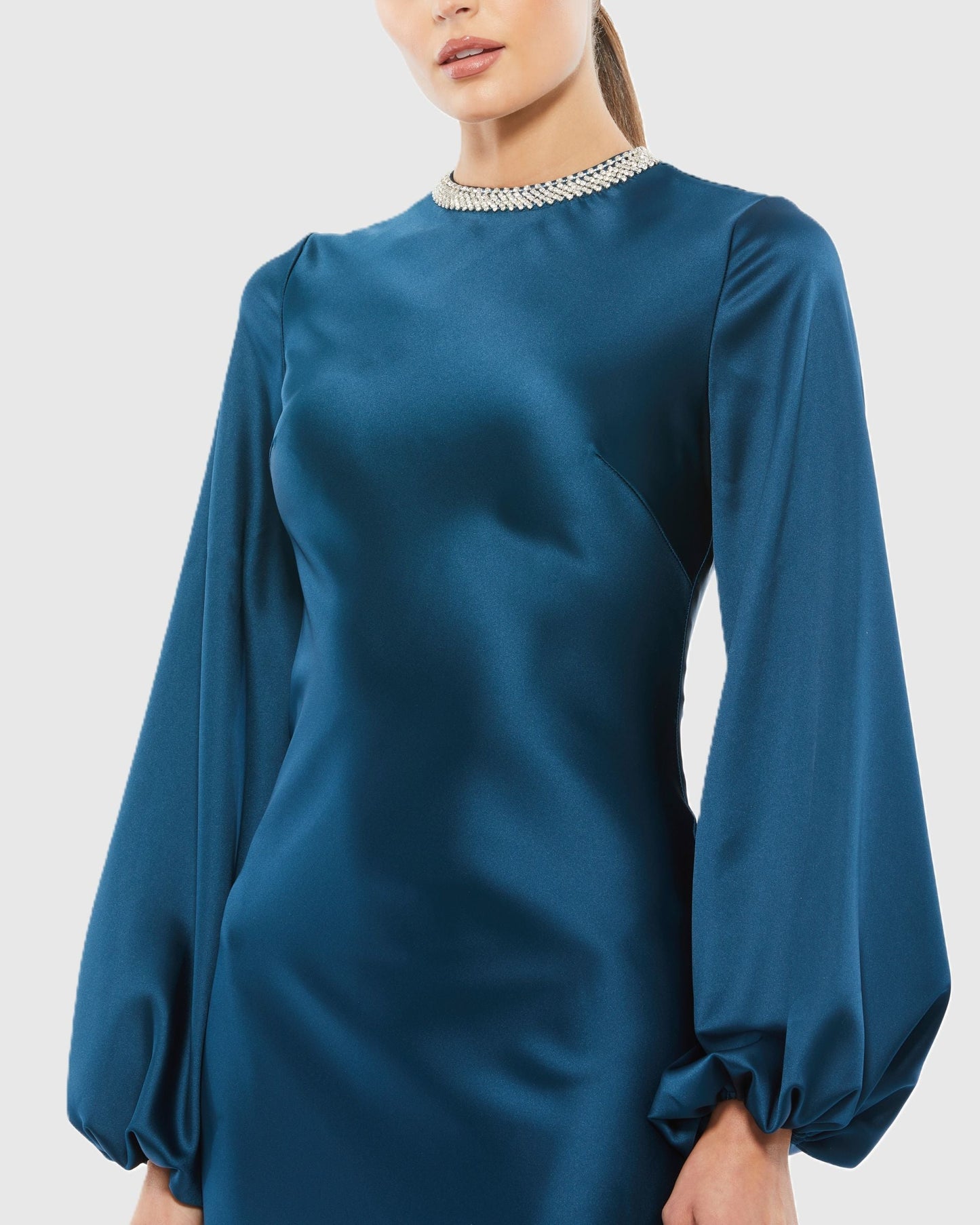 Petite Blue Beaded High Neck Bishop Sleeve Satin Gown