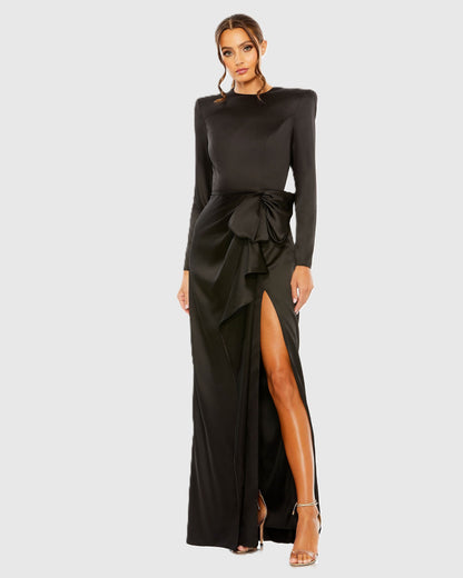 Petite Black Long Sleeve Satin Structured Bow Draped Column Gown